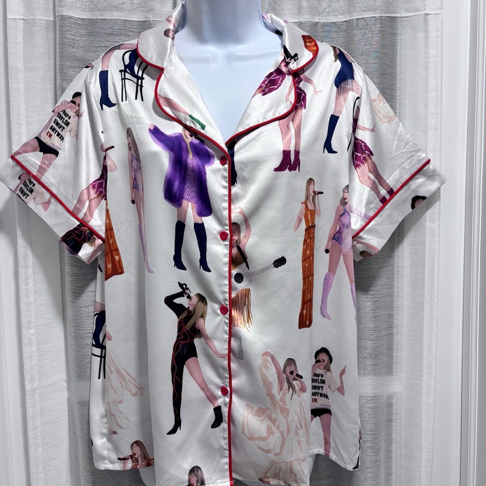 Sheshow White Satin Short Sleeve Pajama Top Taylor Swift All Over Print Medium